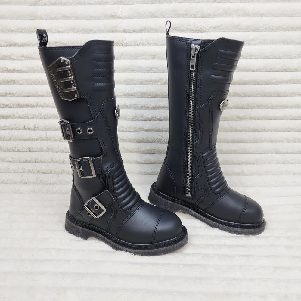 Combat Biker Boots Black Matte Lightning Bolt Tread Bolt 405 Goth Punk - Picture 8 of 9